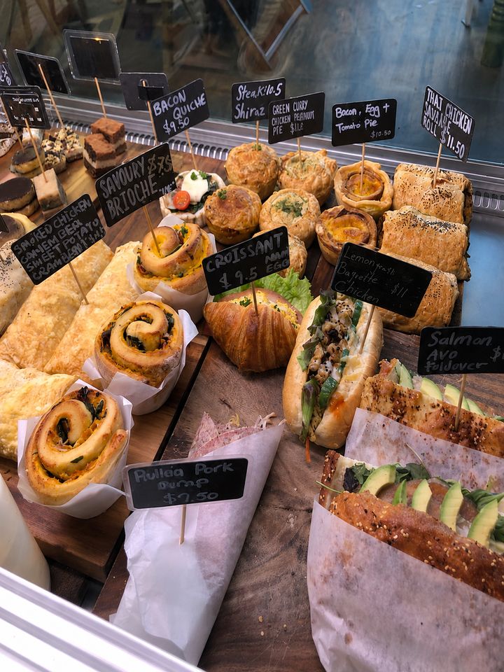 Fresh pastries and savoury bakes in the cafe display