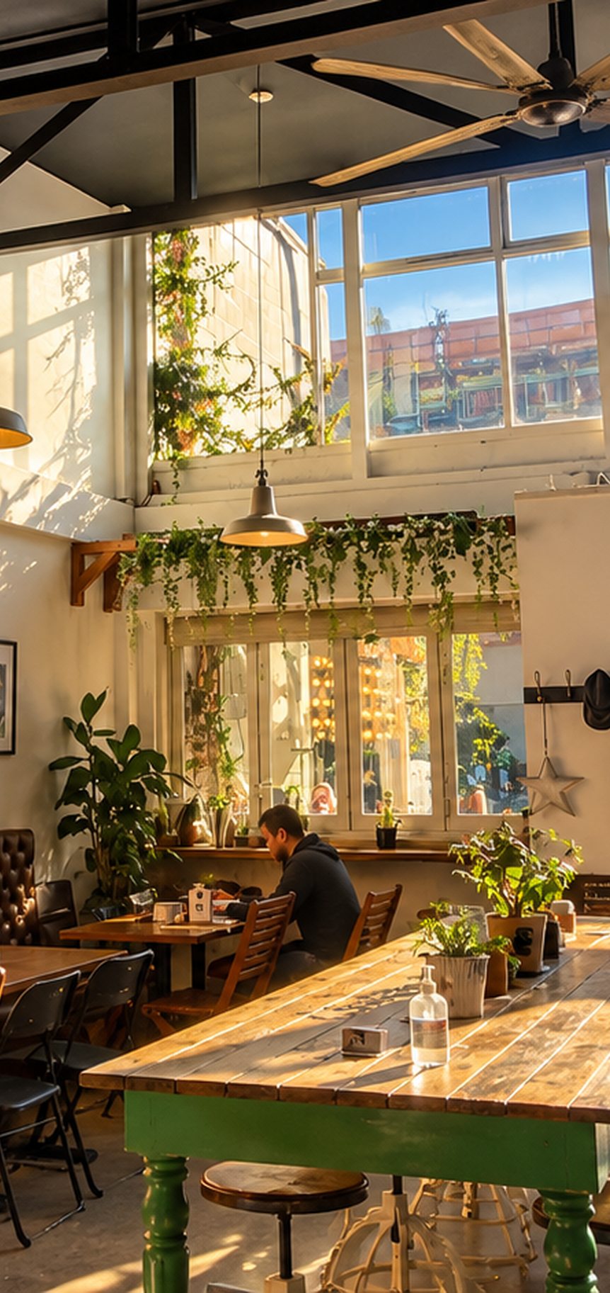 Warmly lit tables and the Me & You sign inside the cafe