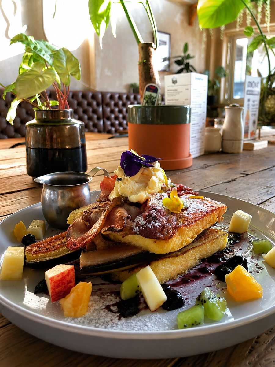 A breakfast plate with toast and fresh fruit